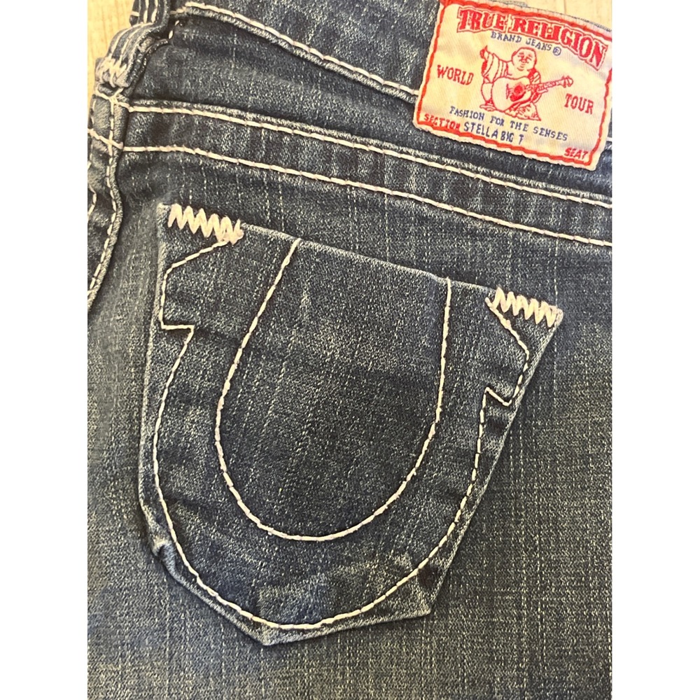 True Religion Stella Big T Skinny Jeans Dark Wash White Stitch Size 26 Low Rise
